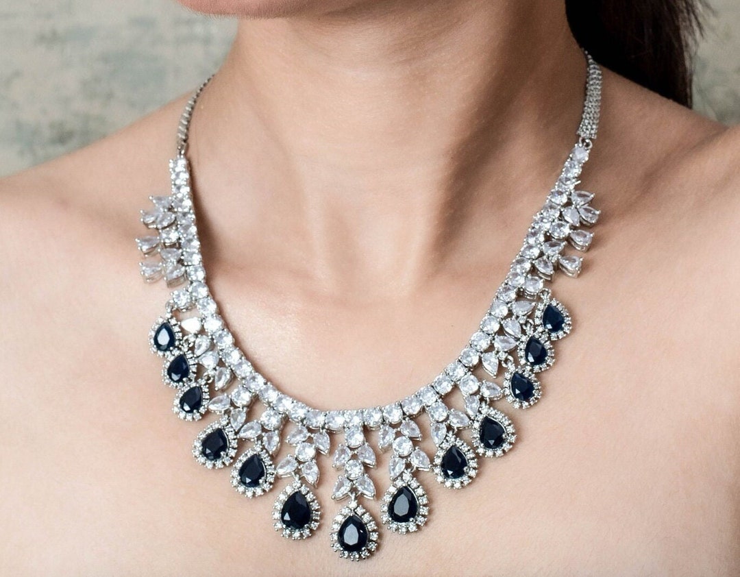 Sapphire Set Blue Bridal Necklace CZ Sets Sapphire Wedding - Etsy